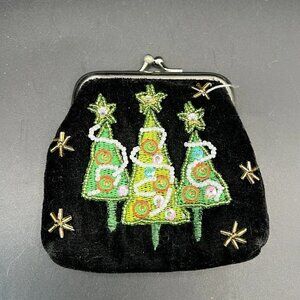 VENDULA London Christmas Trees Coin Purse Sequin Bead Black Velvet Kiss Clasp